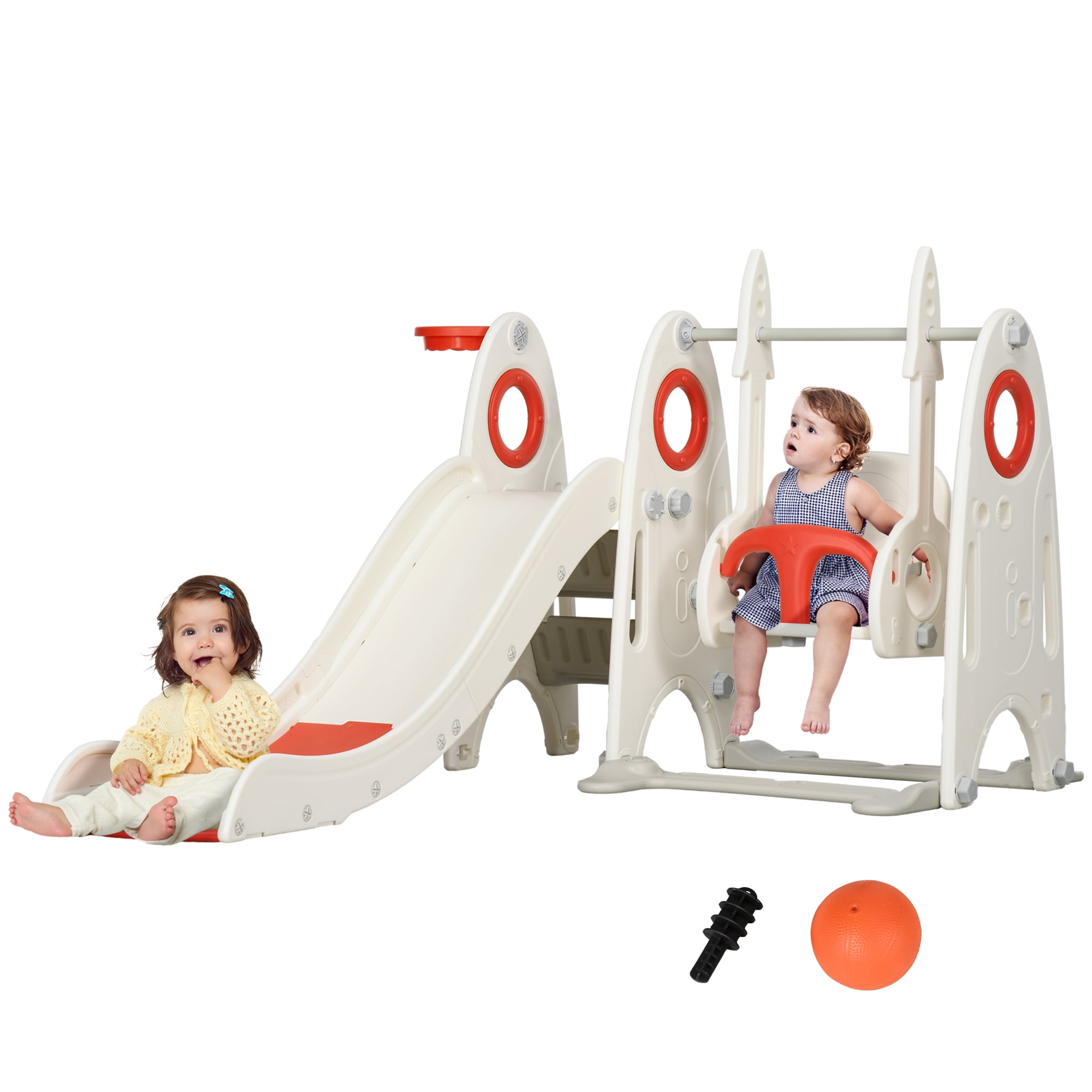 Qaba Toddler Swing Set,4 In 1 Toddler Playground for Kids 1-3 Years Old,Indoor Toddler Playset with Slide,Swing,Basketball Hoop,Climber,Basketball,Red,Red Plastic Toys Swing Sets