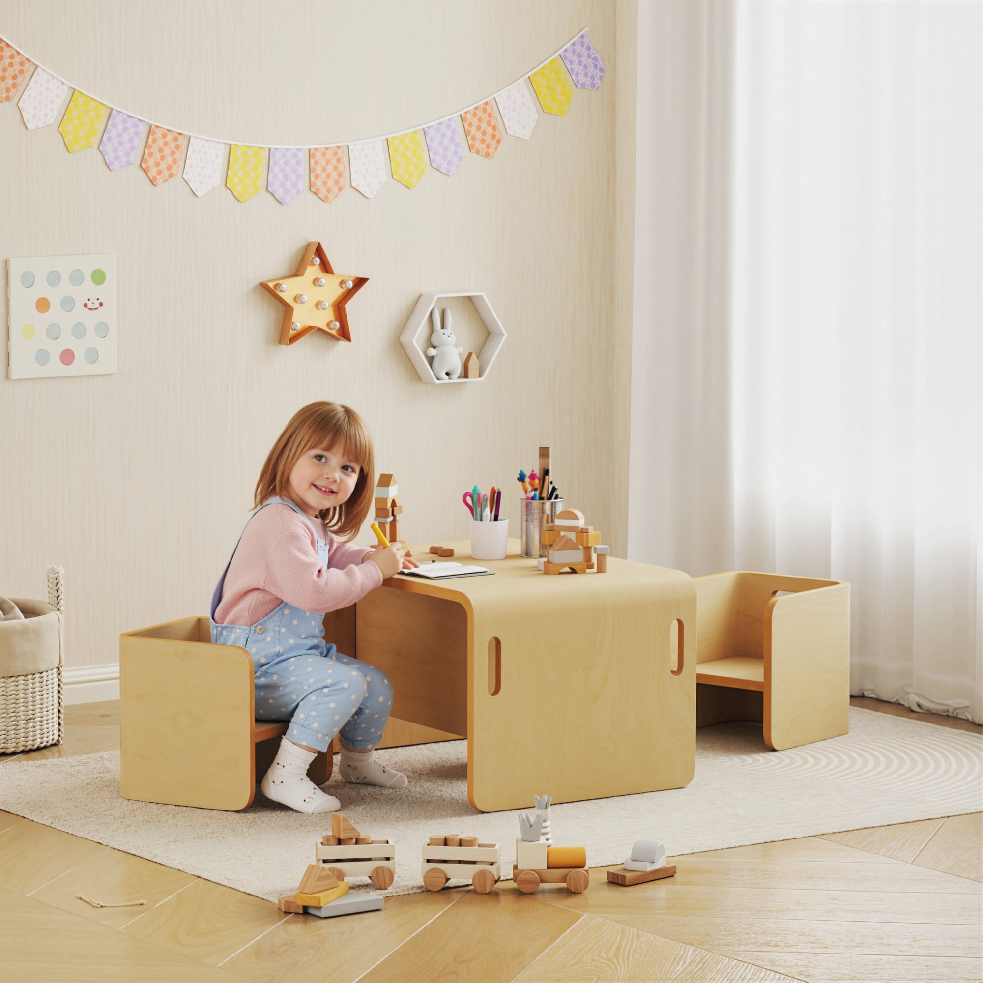 Qaba Toddler Table and Chair Set, Wooden Activity Table with Two Kids Montessori Chairs for Ages 3-8, Play, Eating and Learning, Natural Wood