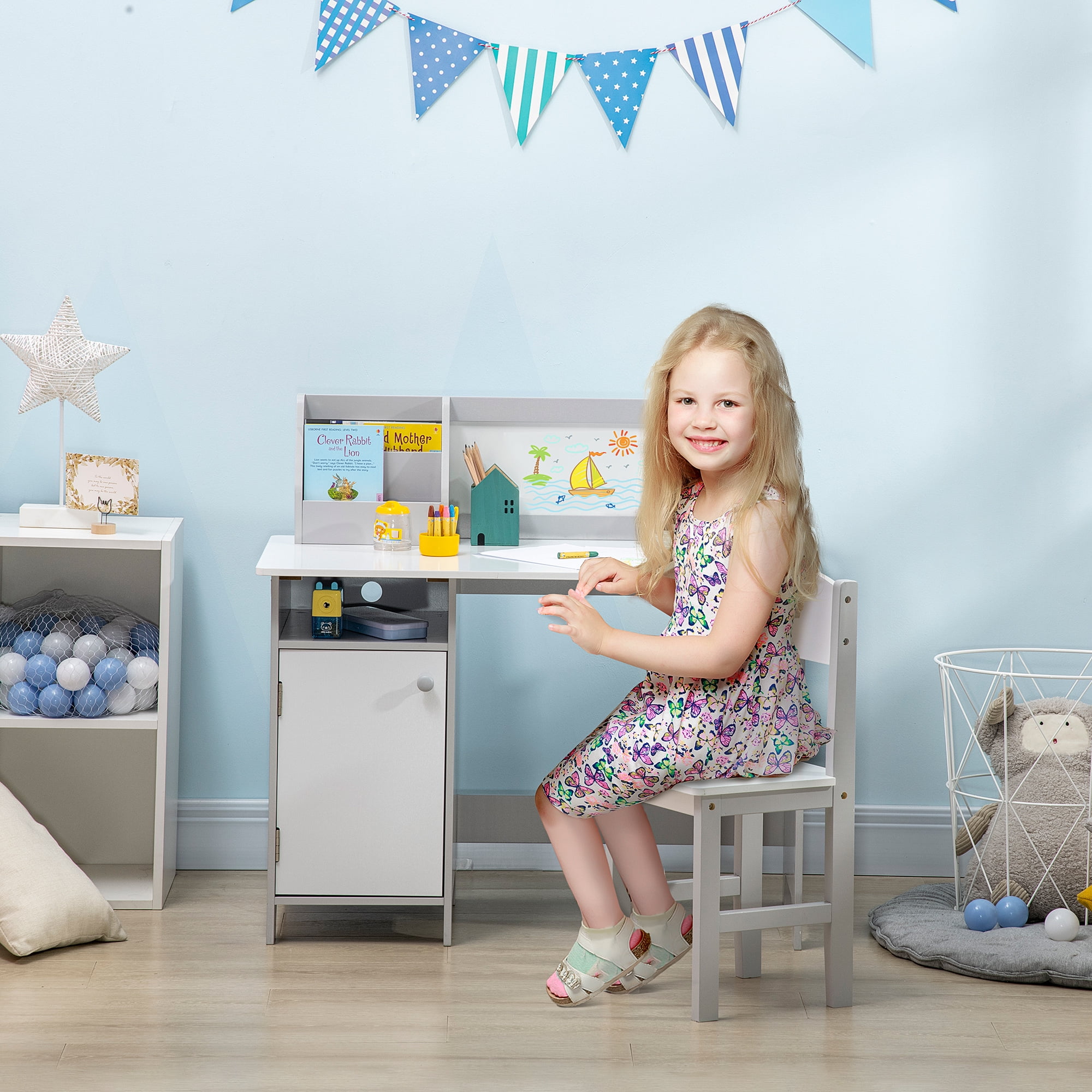 Qaba Toddler Table and Chair Set, with Whiteboard, Kids Writing Desk Homework Table, Gray