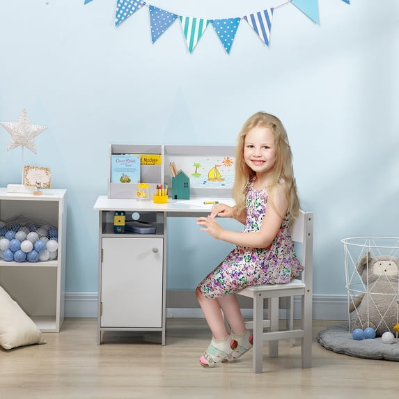 Qaba Toddler Table and Chair Set, with Whiteboard, Kids Writing Desk Homework Table, Gray