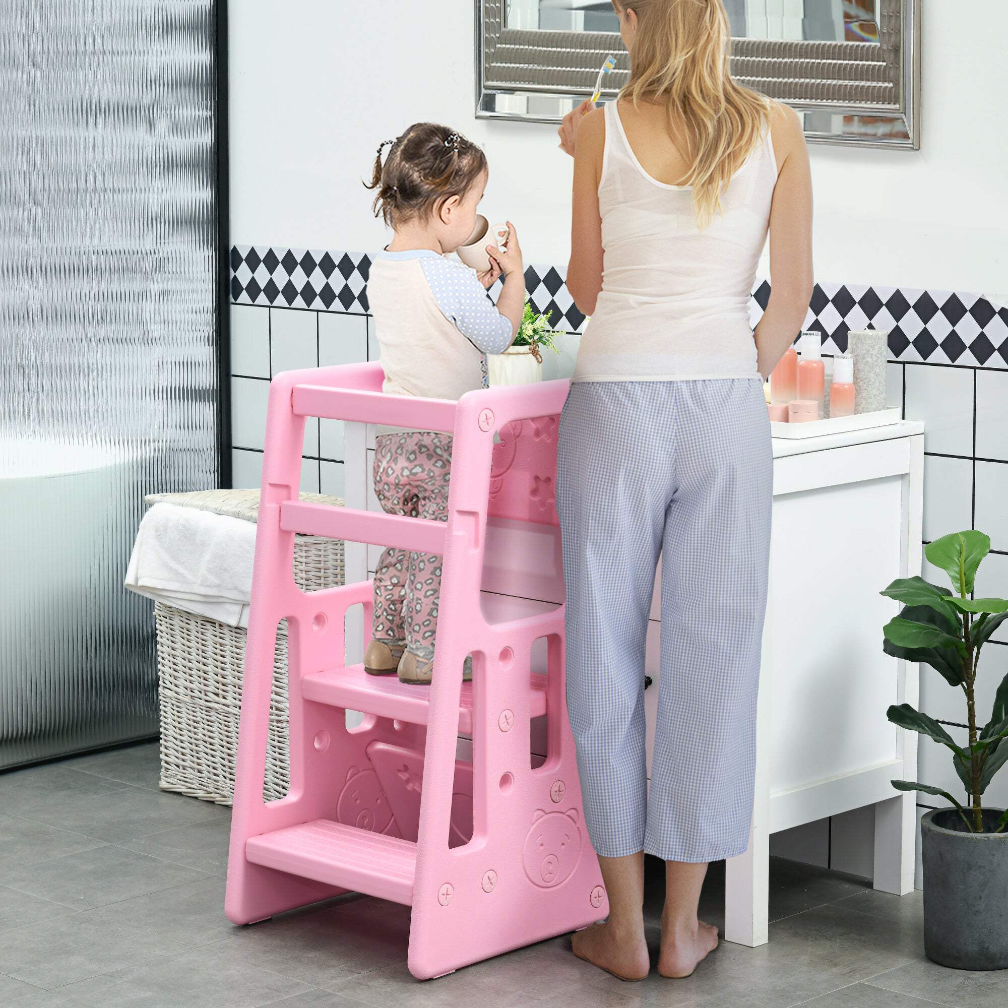 Qaba Toddler Tower With Adjustable Height, Toddler Kitchen Stool Helper ...