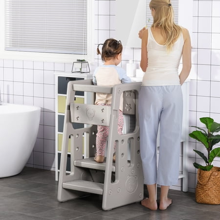 Qaba Toddler Tower with Adjustable Height, Toddler Kitchen Stool Helper with Anti-slip Mat, Step Stool for Kitchen, Bathroom, Bedroom, Gray