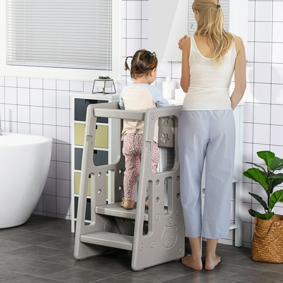 Qaba Toddler Tower with Adjustable Height, Toddler Kitchen Stool Helper with Anti-slip Mat, Step Stool for Kitchen, Bathroom, Bedroom, Gray
