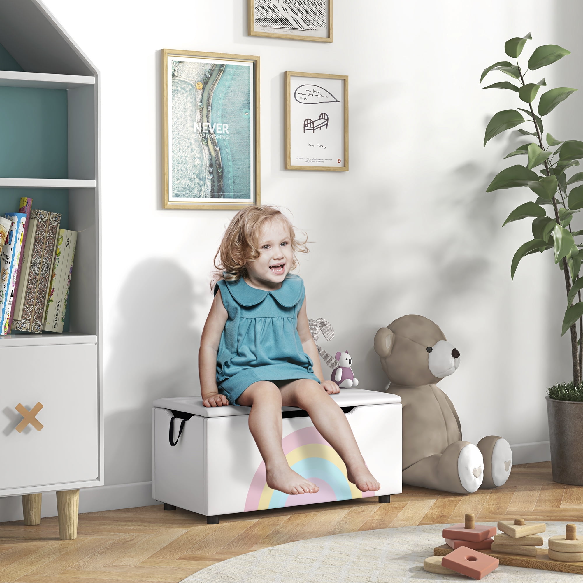White Kids' Toy Storage Bench with Rainbow Graphic