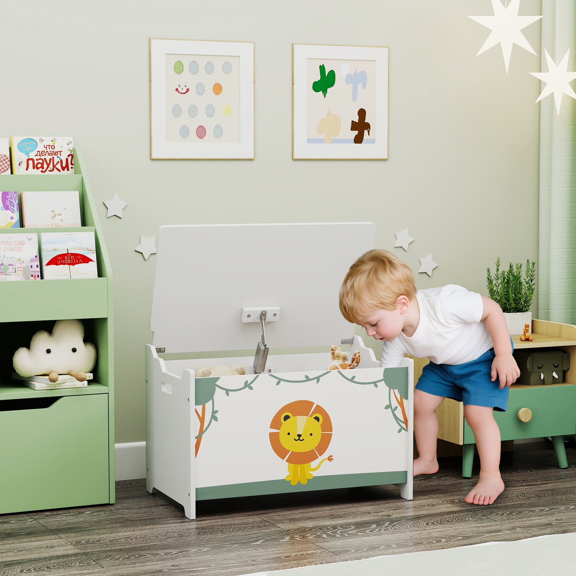 Qaba Toy Box, Toy Chest with Lid, Safety Hinges and Groove Handles