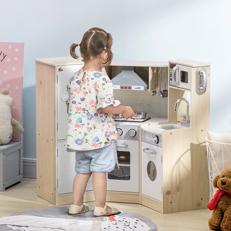 Qaba Ultra-Big Corner Kids Kitchen Playset with Sound Effects, Play Kitchen with Stainless Steel Cooking Toys for Ages 3-6 with Phone, Ice Maker