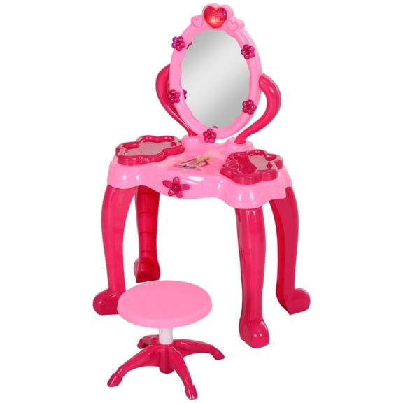 Qaba  Vanity Set with Mirror and Stool  Light and Sound  15 Accessories  Pink