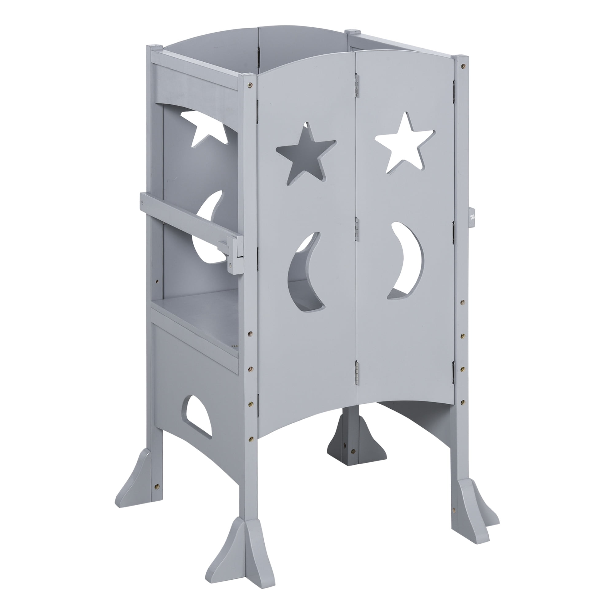 Gray Foldable Wooden Kitchen Step Stool with Safety Rail