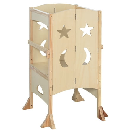 Qaba Wooden Kitchen Step Stool for Toddlers, Foldable with Support Handles and Safety Rail