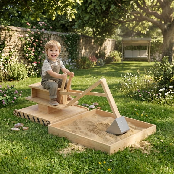 Qaba Wooden Sandbox with Digger, Kids Sandbox with 360 Rotating Seat & Bottom Liner, 72" x 35" x 22"
