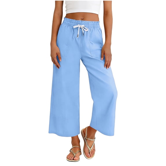 Qabnzmfo Cotton Linen Capri Pants for Girls Wide Leg Cropped Pant Drawstring Elastic Waist Casual Summer Vacation Capris