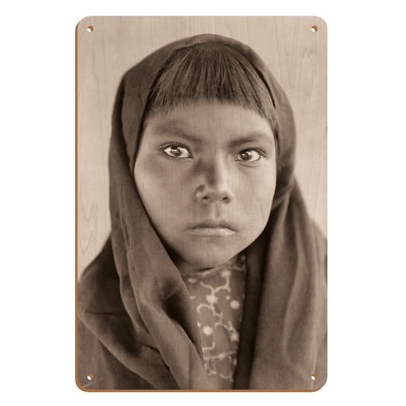 Qahatika Child - The North American Indians - Vintage B&W Photograph by Edward S. Curtis c.1907 - 8 x 12 inch Vintage Wood Art Sign