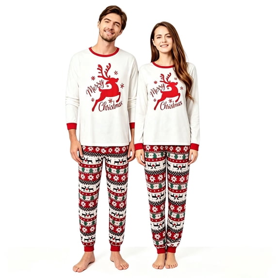 Qaltryn Christmas Pajamas for Women and Men Relaxed Fit Printed Long‑Sleeve Sleep Sets Festive Reindeer Pajamas for Holiday Home Party