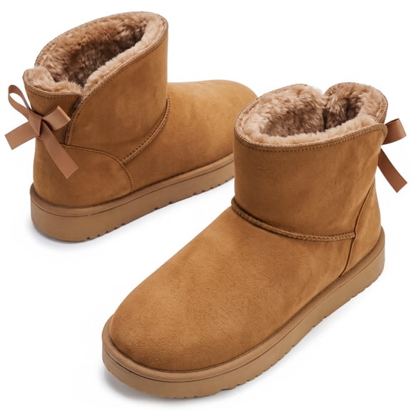Qaltryn Cozy Ankle Snow Boots for Women Fuzzy Warm Short Winter Boot with Back Bow Slip on Cold Weather Outdoor Casual Footwear