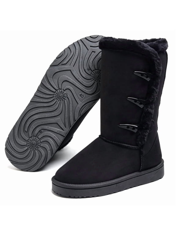 Mid Calf Toggle Snow Boots for Women Faux Fur Trim Lined Non Slip Warm Winter Casual Boots for Outdoor,Daily Wear
