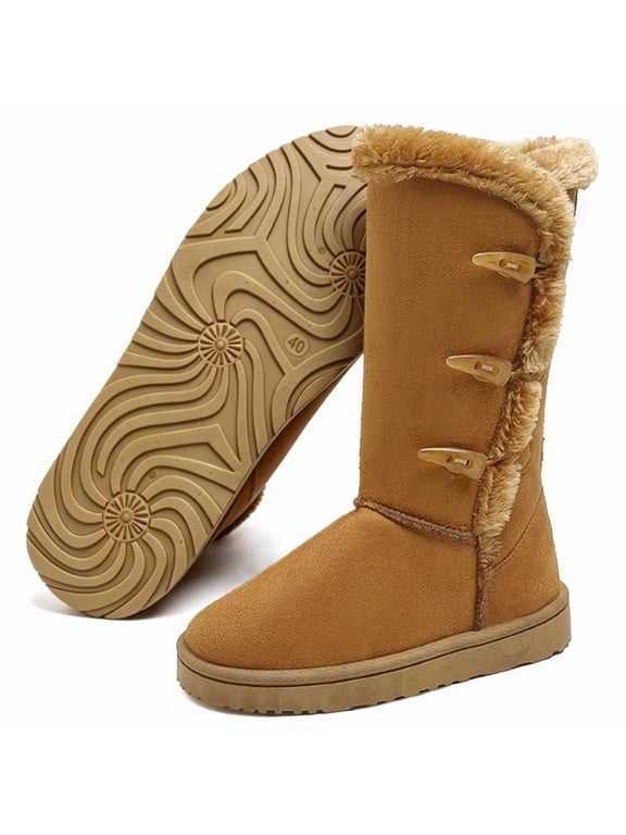 Mid Calf Toggle Snow Boots for Women Faux Fur Trim Lined Non Slip Warm Winter Casual Boots for Outdoor,Daily Wear