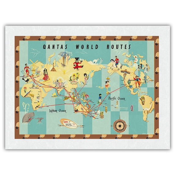 Qantas Empire Airways - World Air Routes - Vintage Airline Travel Poster by Anne Drew c.1950 - Japanese Unryu Rice Paper Art Print (Unframed) 18 x 24 in