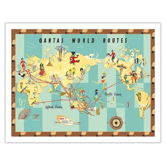 Qantas Empire Airways - World Air Routes - Vintage Airline Travel Poster by Anne Drew c.1950 - Fine Art Matte Paper Print (Unframed) 20x26in