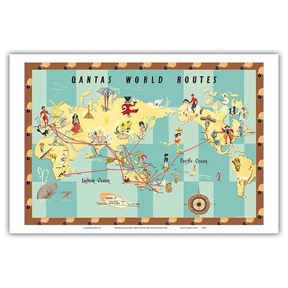 Qantas Empire Airways - World Air Routes - Vintage Airline Travel Poster by Anne Drew c.1950 - Master Art Print (Unframed) 12in x 18in
