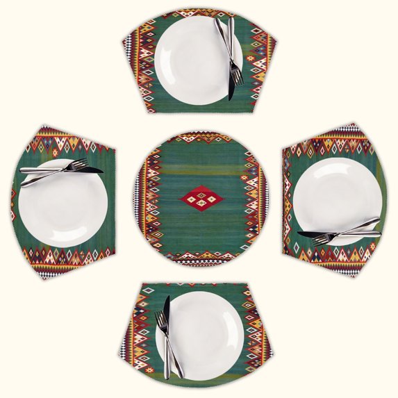 Qashqa’i Fars Southwest Persian Kilim Print Round Table Placemats Set Of 5 Wedge Table Mats Washable Heat Resistant Place Mat For Dining Table Kitchen Farmhouse Restaurant