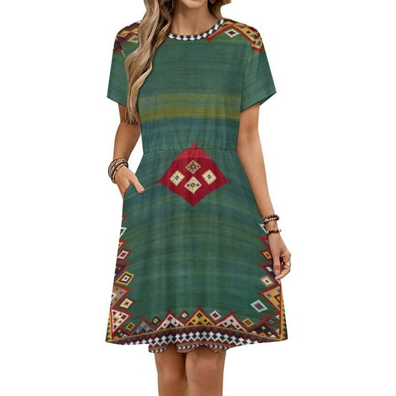 Qashqa’i Fars Southwest Persian Kilim Print Short Sleeve Dress Women Summer Evening Dresses Ladies Sundress