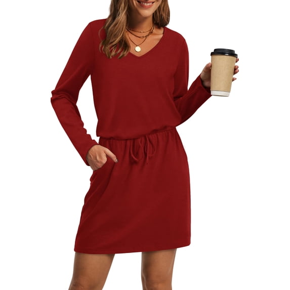 Qaspx Fall Dresses for Women V Neck Long Sleeve T Shirts Dress Casual A-line Sundresses