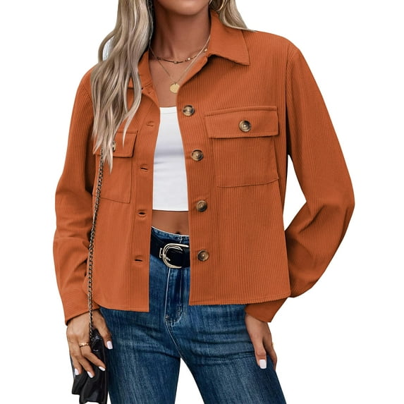 Qaspx Fashion Jackets for Women Casual Cropped Shackets Fall Button-up Shirts Corduroy Tops