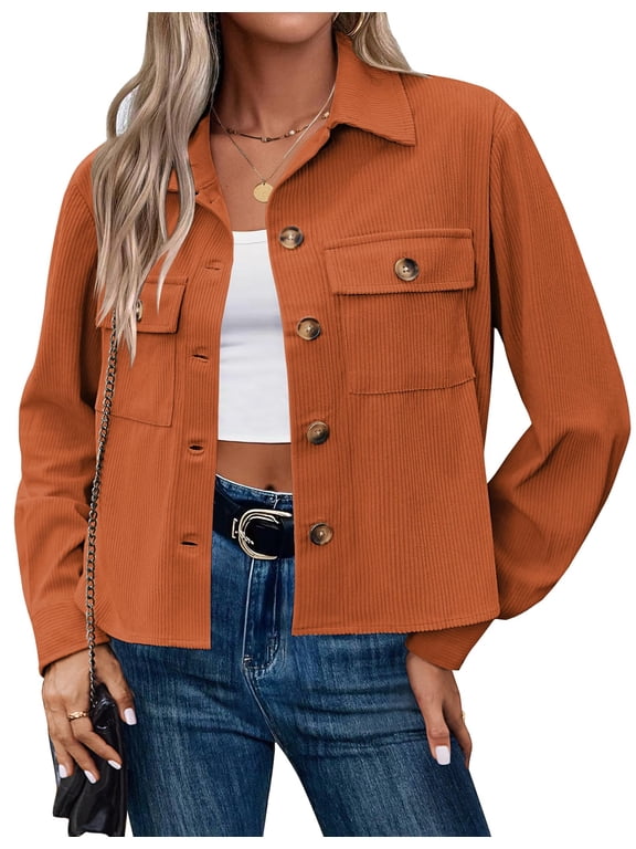 Fashion Jackets for Women Casual Cropped Shackets Fall Button-up Shirts Corduroy Tops