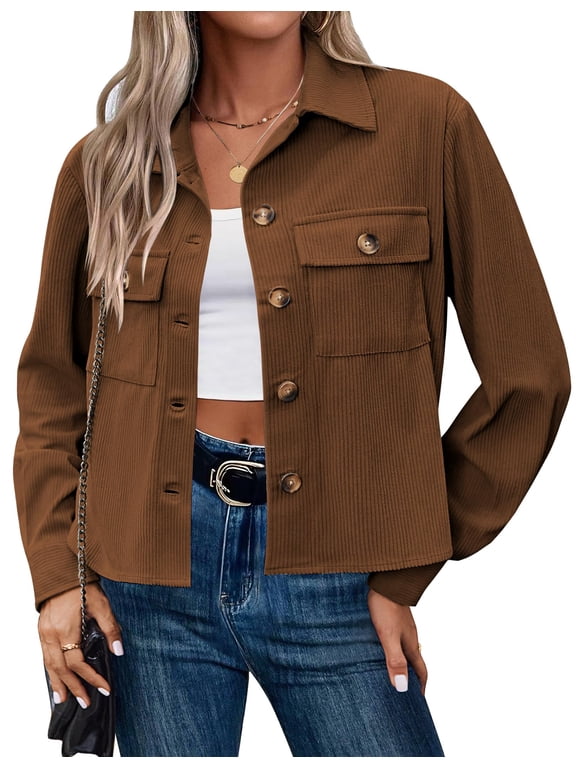 Fashion Jackets for Women Casual Cropped Shackets Fall Button-up Shirts Corduroy Tops