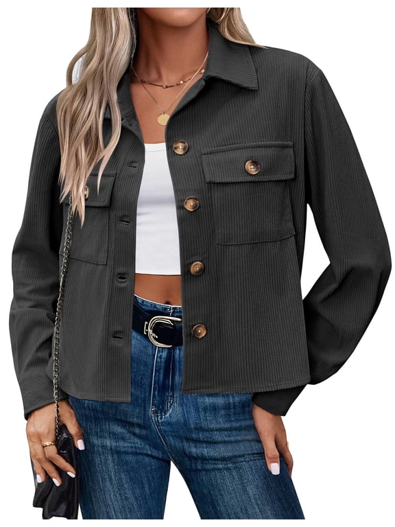 Fashion Jackets for Women Casual Cropped Shackets Fall Button-up Shirts Corduroy Tops