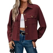 QASPX Fashion Jackets for Women Casual Cropped Shackets Fall Button-up Shirts Corduroy Tops