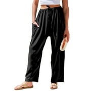 QASPX Palazzo Pants for Women Casual Wide-leg Pants Loose Drawstring Sweatpants with Pockets