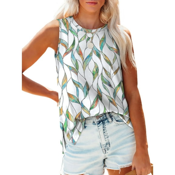 Qaspx Printed Tank Tops for Women Sleeveless Shirts Summer Side Split Blouses Casual Ladies Tops