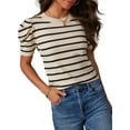 thumbnail image 1 of Qaspx Striped Blouses for Women Short Puff Sleeve Knit Tshirts Summer Crewneck Casual Tops, 1 of 4