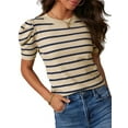 thumbnail image 1 of Qaspx Striped Blouses for Women Short Puff Sleeve Knit Tshirts Summer Crewneck Casual Tops, 1 of 3