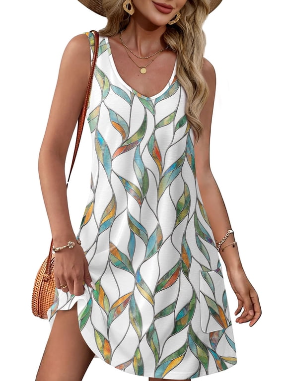 Summer Dresses for Women Beach Sundresses Sleeveless Swimsuit Coverup Dress with Pockets