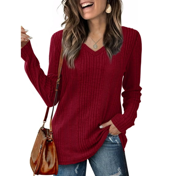 Qaspx Sweatshirts for Women Lightweight V Neck Long Sleeve Shirts Casual Loose Ribbed Tops