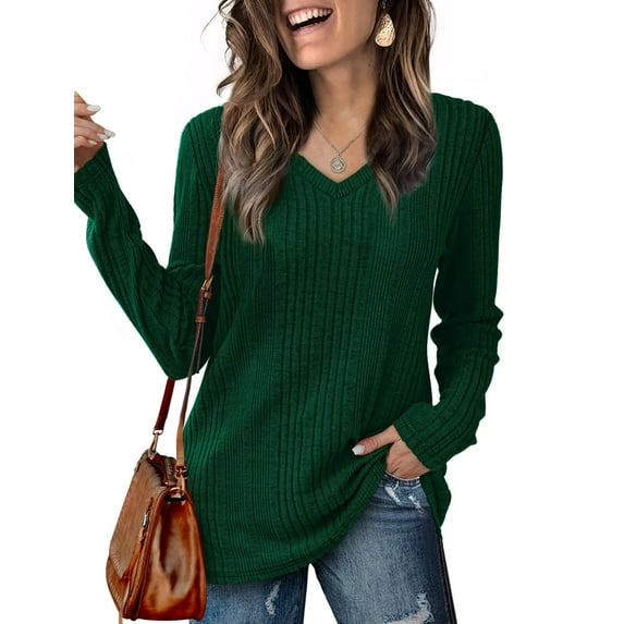 Qaspx Sweatshirts for Women Lightweight V Neck Long Sleeve Shirts Casual Loose Ribbed Tops