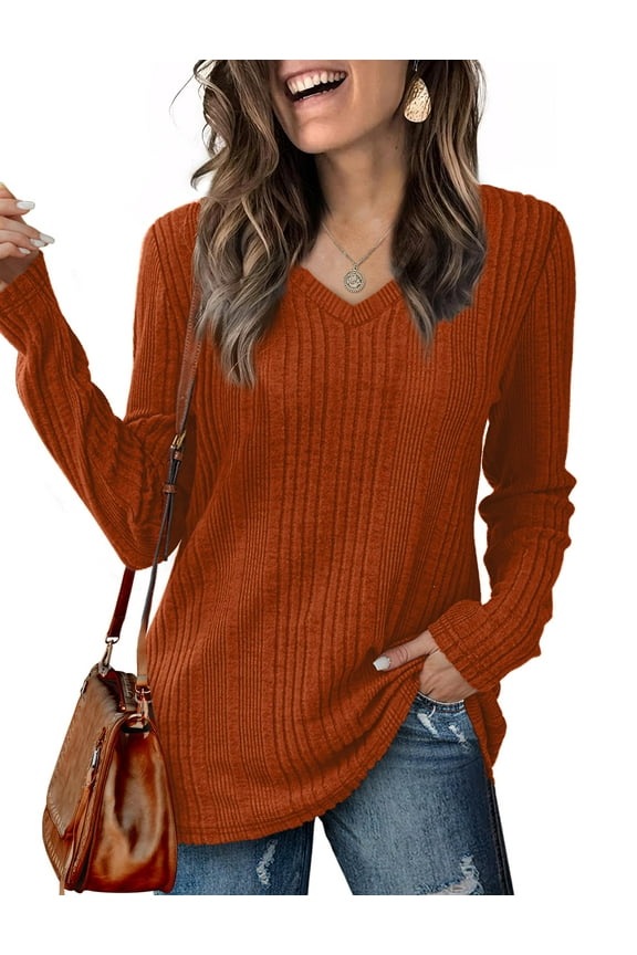 Sweatshirts for Women Lightweight V Neck Long Sleeve Shirts Casual Loose Ribbed Tops