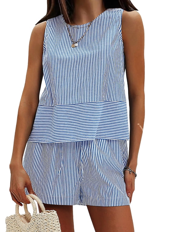 Womens 2 Piece Outfit Sleeveless Tank Top Matching Shorts Loungewear Striped Vacation Sets
