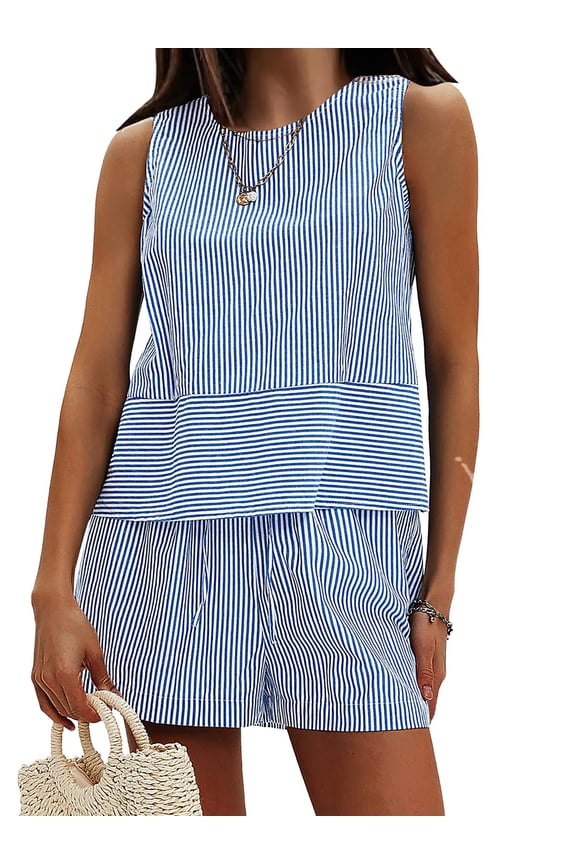 Womens 2 Piece Outfit Sleeveless Tank Top Matching Shorts Loungewear Striped Vacation Sets