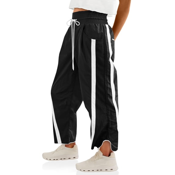 Qaspx Womens Pants Wide Leg Elastic Waisted Sweatpants Drawstring Contrast Color Track Pants