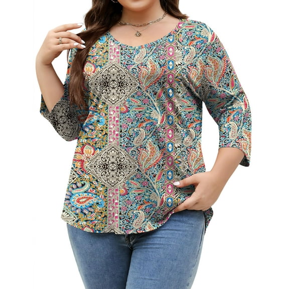 Qaspx Womens Plus Size Tops 3/4 Sleeve V Neck T Shirts Floral Print Casual Blouse Graphic Tees L-5XL