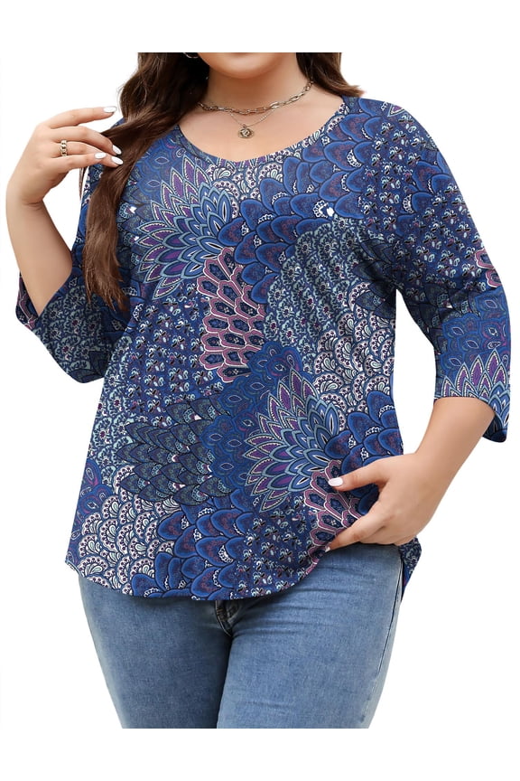 Womens Plus Size Tops 3/4 Sleeve V Neck T Shirts Floral Print Casual Blouse Graphic Tees L-5XL