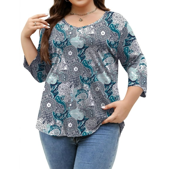 Qaspx Womens Plus Size Tops 3/4 Sleeve V Neck T Shirts Floral Print Casual Blouse Graphic Tees L-5XL