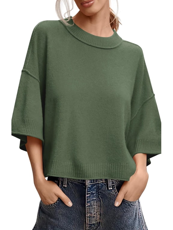 Womens Pullover Sweaters 3/4 Sleeve Oversized Cropped Sweaters Casual Crewneck Knit Tops