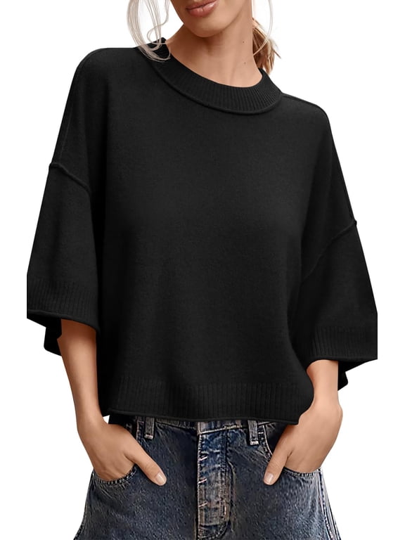 Womens Pullover Sweaters 3/4 Sleeve Oversized Cropped Sweaters Casual Crewneck Knit Tops