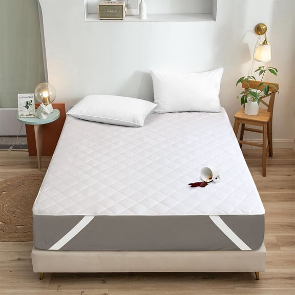 Qatan Waterproof Quilted Bed Pad with Straps, Washable Mattress Pad, Fits Mattress to 16in