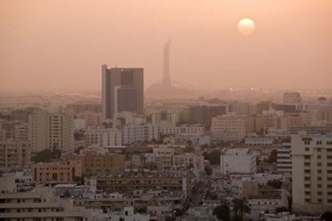 Qatar Ad Dawhah Doha Aerial View of Dowtown Sunset Canvas Art - Walter Bibikow DanitaDelimont (36 x 24)