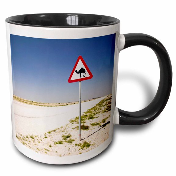 3drose, Qatar, Al Zubarah. Camel Crossing Sign-road-as30 Wbi0165 - Walter Bibikow, 11oz Two-tone Black Mug